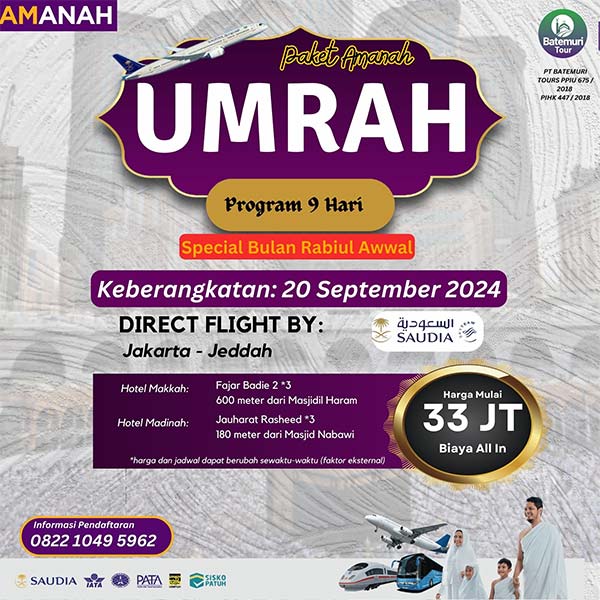 Umrah Rabiul Awwal1446 H, Paket 9 Hari, Batemuri Tour, Keberangkatan: 20 September 2024